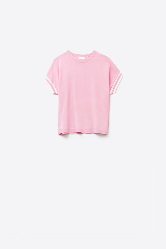 Q2 Suéter relafed fit em rosa com detalhe contrastante branco