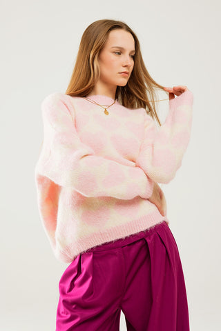 Suéter supermacio oversized creme com corações rosa por toda parte