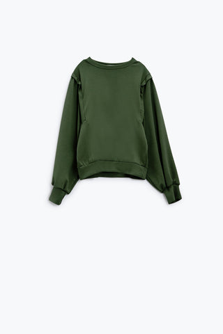 sweatshirts de manga comprida cáqui com detalhes de costura frontal nos lados