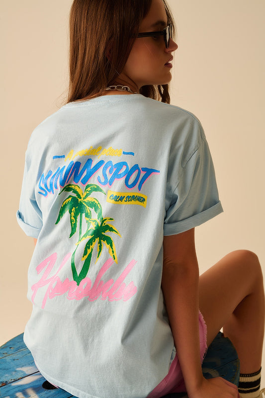 Q2 T-shirt azul fabricada em Itália com gráfico de Honolulu