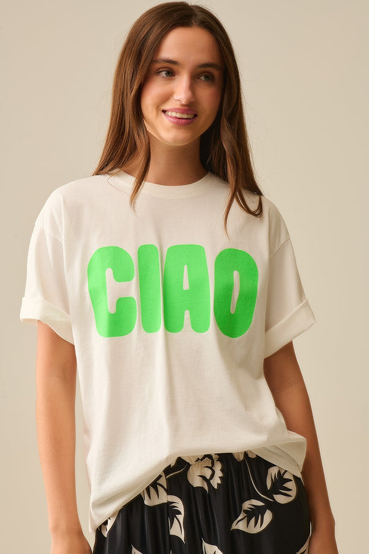 Q2 T-Shirt branca descontraída CIAO com letras verdes