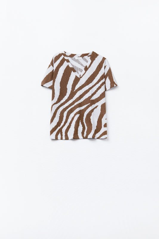 Q2 T-shirt com decote em V e estampado de zebra camel