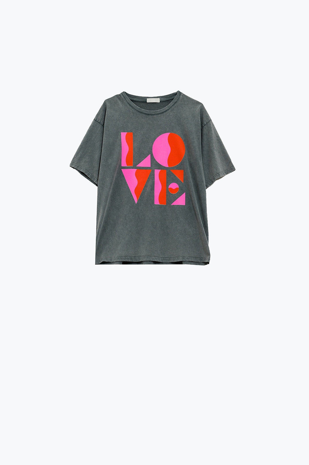Camiseta com estampado digital art déco LOVE em cinza