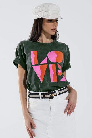 Camiseta com estampado digital art déco LOVE em cinza