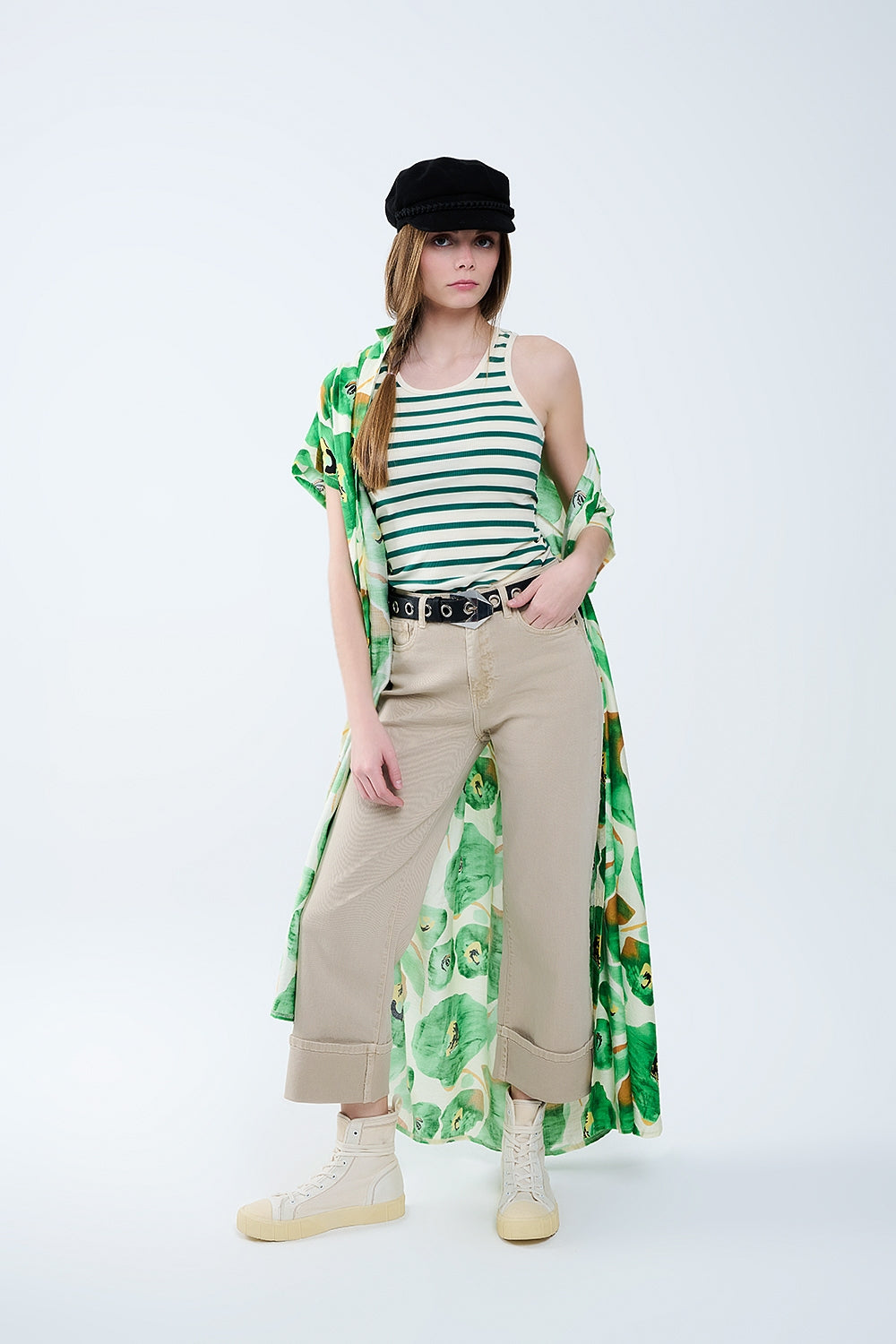 T-shirt de alças branca às riscas com detalhes verdes