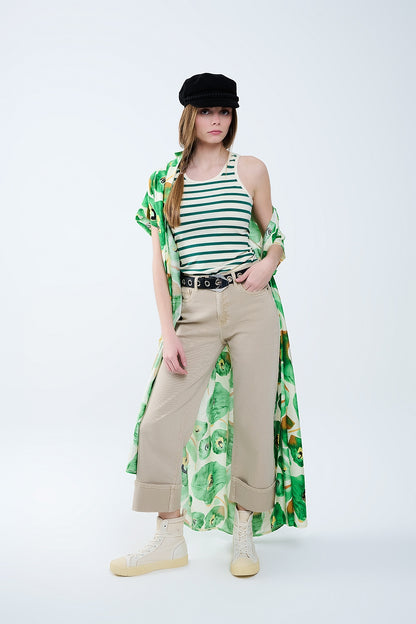 T-shirt de alças branca às riscas com detalhes verdes