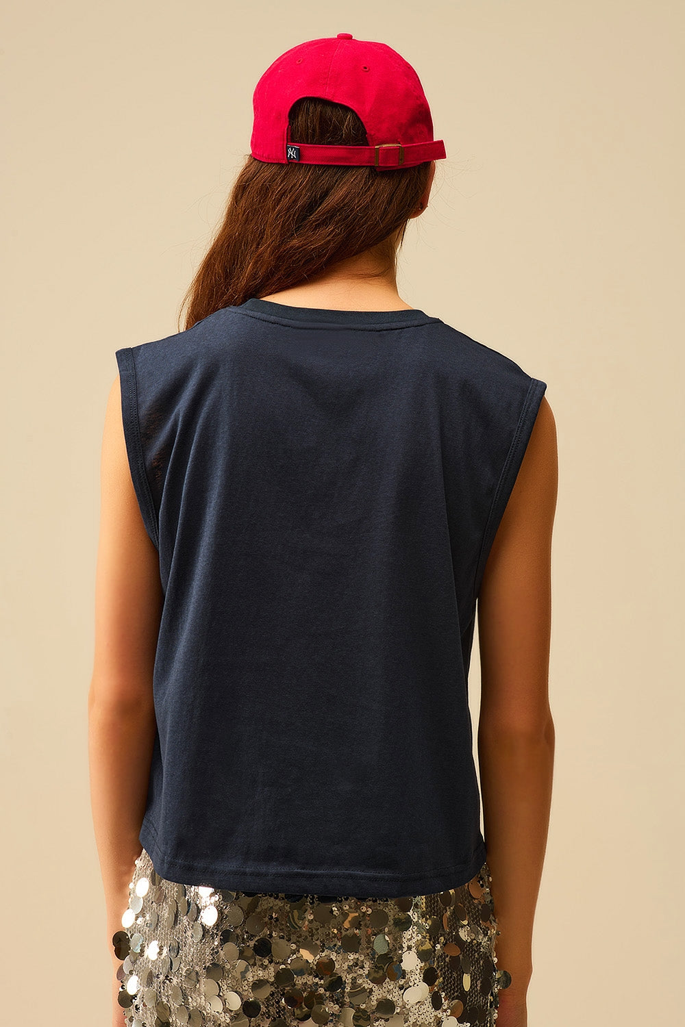 T-shirt de algodão sem mangas Navy