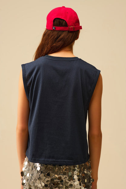 T-shirt de algodão sem mangas Navy