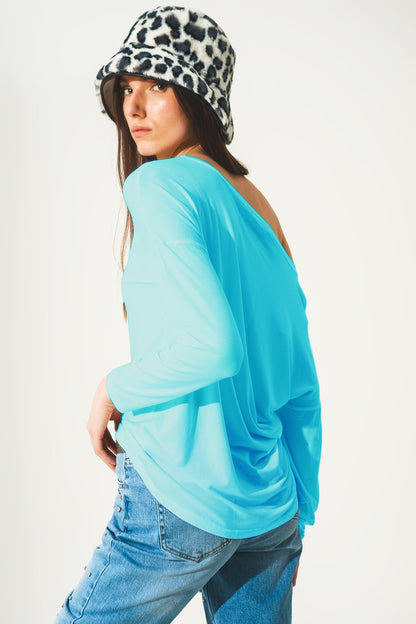 T shirt de manga comprida azul em tecido modal