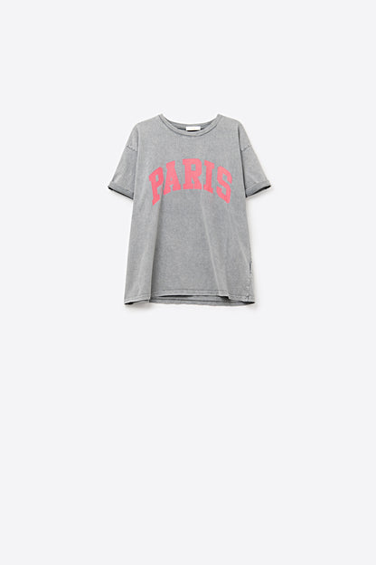 T-shirt descontraída Paris cinzenta clara com letras cor-de-rosa