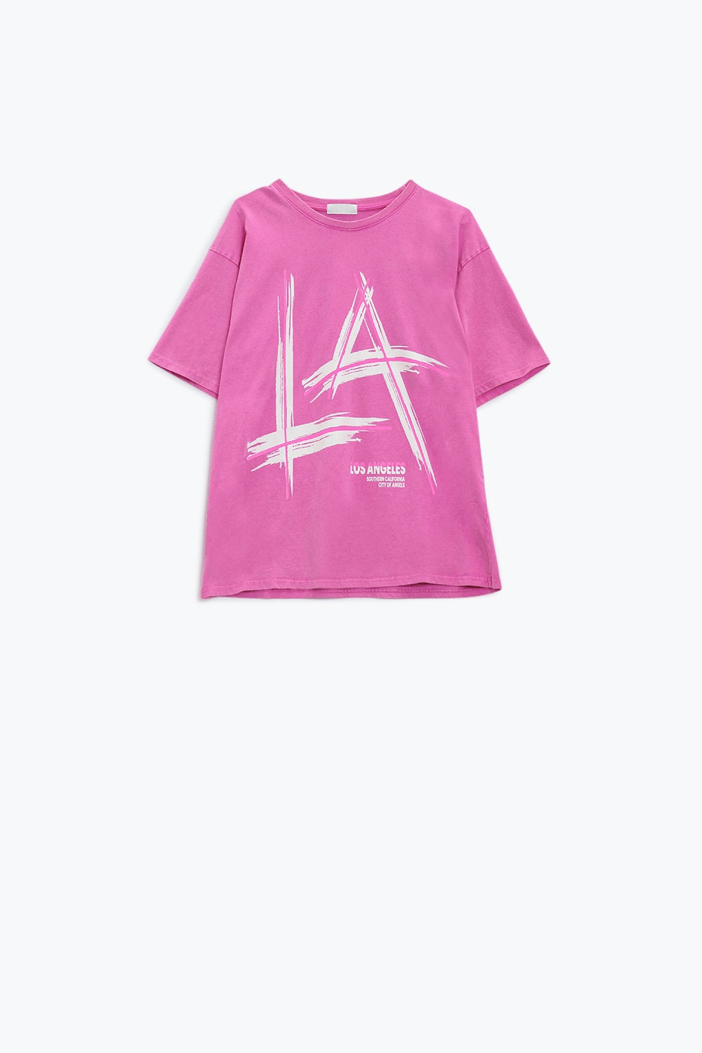T-shirt fúcsia de grandes dimensões com a inscrição LA Los Angeles impressa em branco e fúcsia
