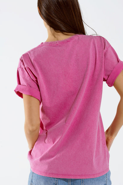 T-shirt fúcsia de grandes dimensões com a inscrição LA Los Angeles impressa em branco e fúcsia