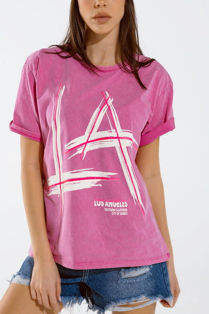 T-shirt fúcsia de grandes dimensões com a inscrição LA Los Angeles impressa em branco e fúcsia