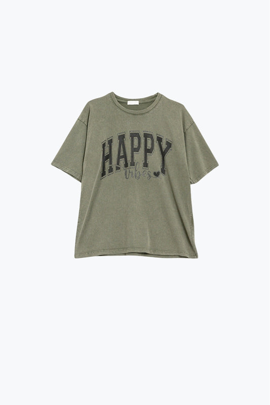 Q2 T-Shirt relaxada com gráfico Happy Vibes verde caqui lavado