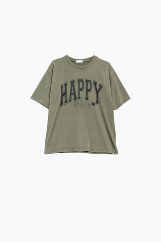T-shirt relaxada com gráfico Happy Vibes verde caqui lavado
