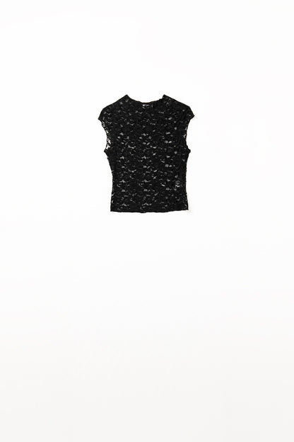 T-shirt romântica de renda com mangas curtas em preto