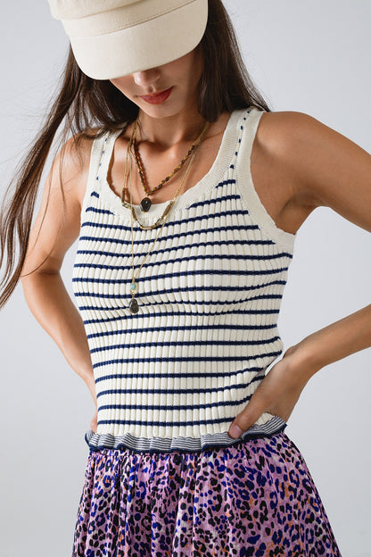 Tank Top às riscas em creme com folhos