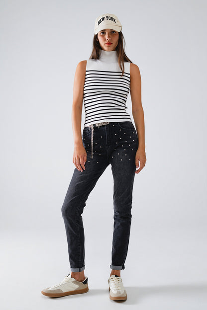 Tank Top com gola de tartaruga às riscas em branco