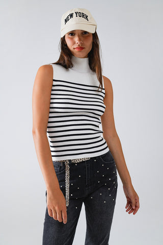 Tank Top com gola de tartaruga às riscas em branco