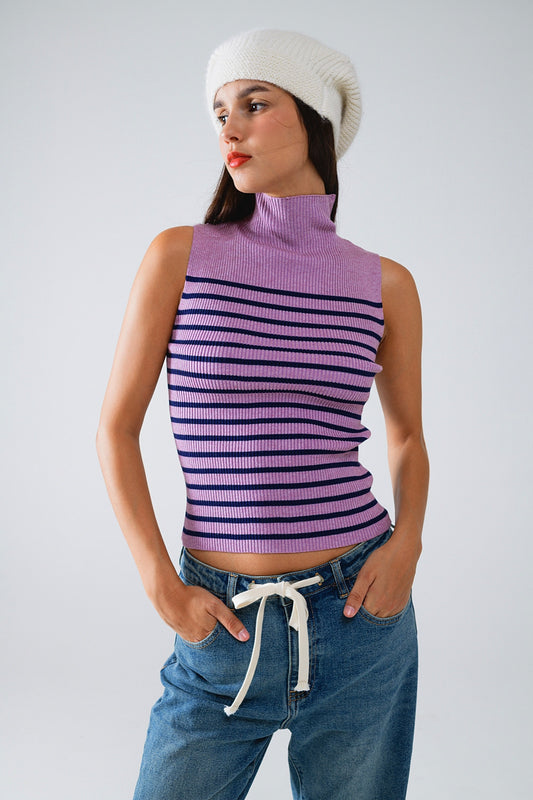 Q2 Tank Top com gola de tartaruga às riscas em Lavander