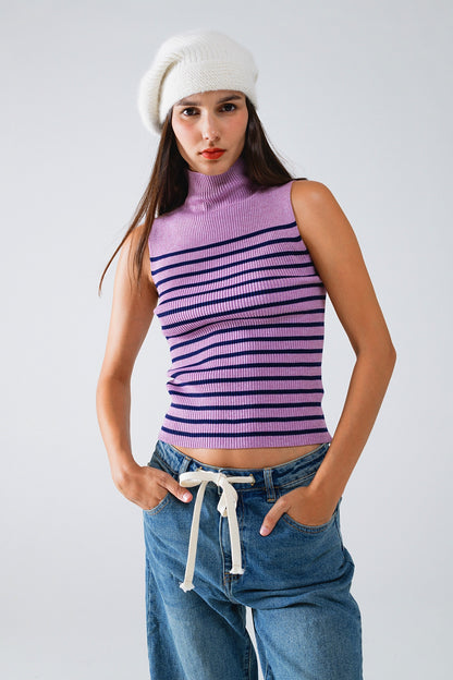 Tank Top com gola de tartaruga às riscas em Lavander