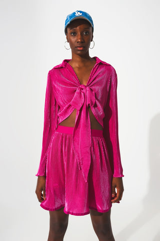 Tie front pleated crop top  in fuchsia