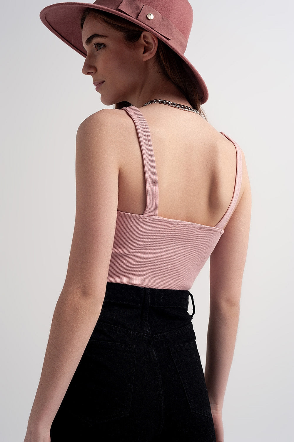 Top com nervuras com decote quadrado em rosé