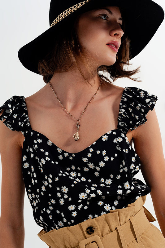 Q2 Top com tiras finas com rufos e estampas florais preto