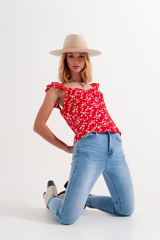Q2 Top com tiras finas com rufos e estampas florais vermelhas
