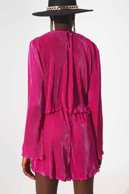 Top curto com decote redondo plissado em fuchsia