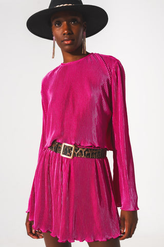 Top curto com decote redondo plissado em fuchsia