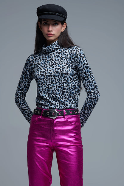 Q2 Top de gola alta de manga comprida com estampado de leopardo cinzento