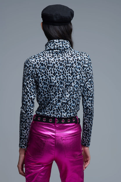 Top de gola alta de manga comprida com estampado de leopardo cinzento