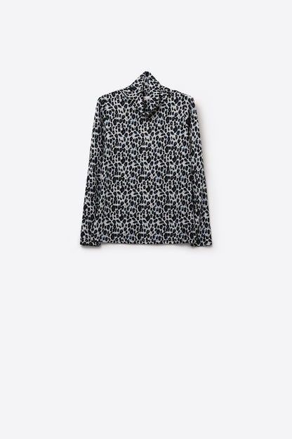 Top de gola alta de manga comprida com estampado de leopardo cinzento