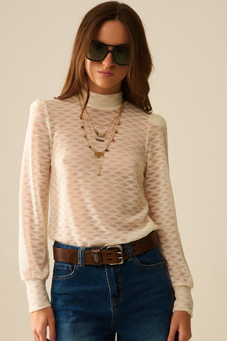 Top de Gola Alta de Renda Bege Transparente com Ombros Bufantes