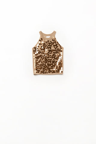 Top de malha camel com pormenor de lantejoulas