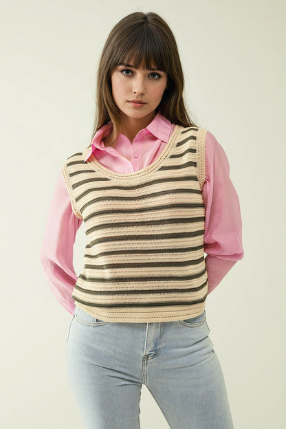 Q2 Top de malha sem mangas em creme com riscas khaki