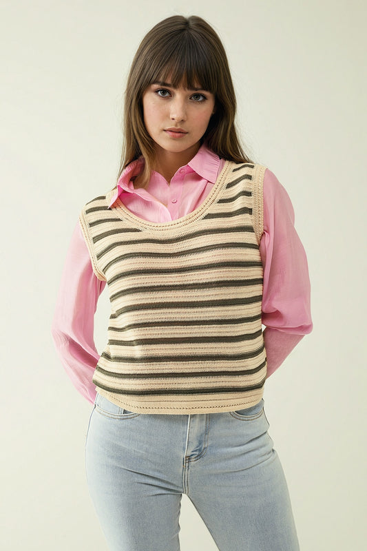 Q2 Top de malha sem mangas em creme com riscas khaki