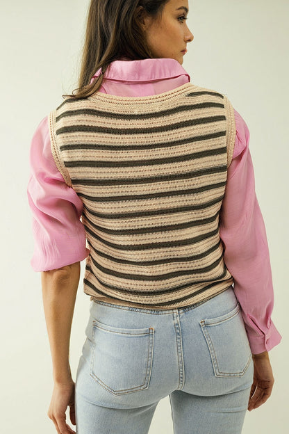 Top de malha sem mangas em creme com riscas khaki