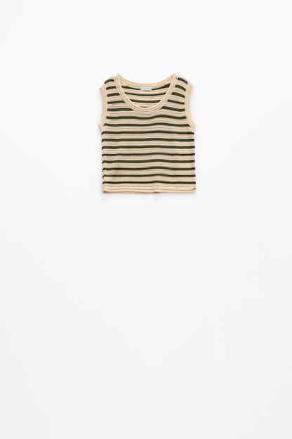 Top de malha sem mangas em creme com riscas khaki