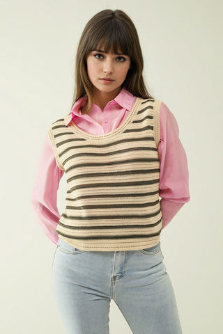 Top de malha sem mangas em creme com riscas khaki