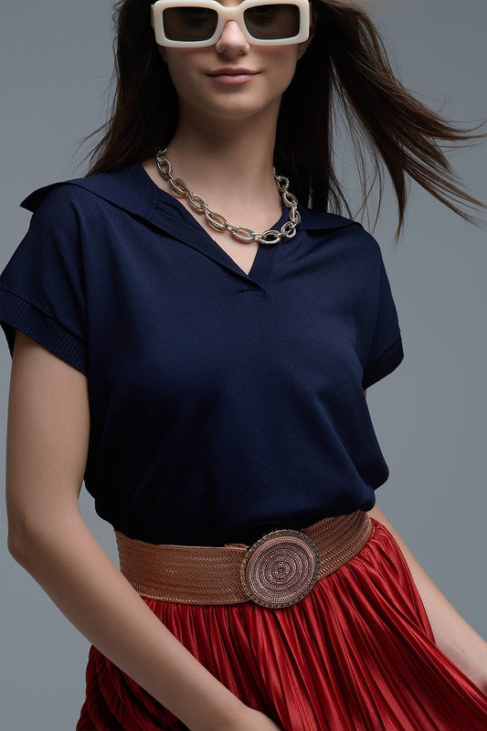 Q2 Top de manga curta estilo polo de malha fina em azul-marinho