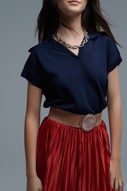Top de manga curta estilo polo de malha fina em azul-marinho