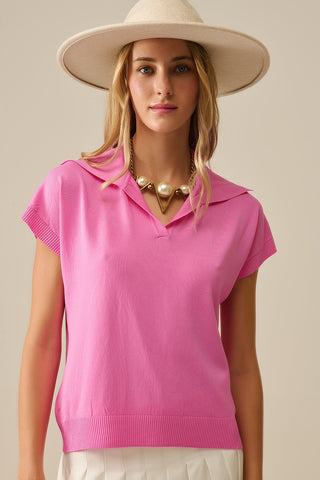 Top de manga curta estilo polo de malha fina em fúcsia
