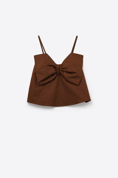 Top de popelina castanho chocolate com pormenor de laço