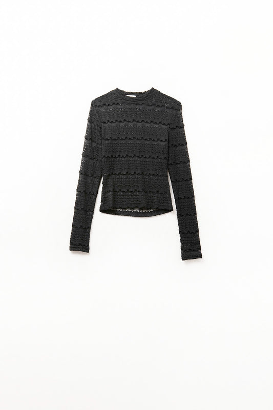 Q2 Top de Renda Floral com Gola Redonda em Preto