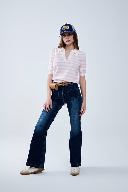 Top polo branco de malha com riscas cor-de-rosa