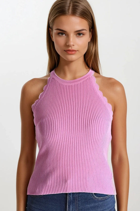 Q2 Top rosa sem mangas com detalhes de ondas