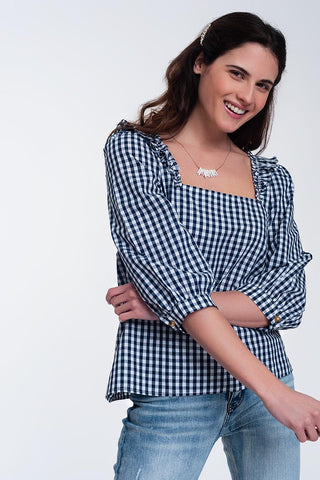 Top xadrez azul com decote quadrado
