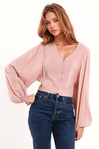 V-neck Cropped Shirt With Super Voluminous Sleeves in Pink